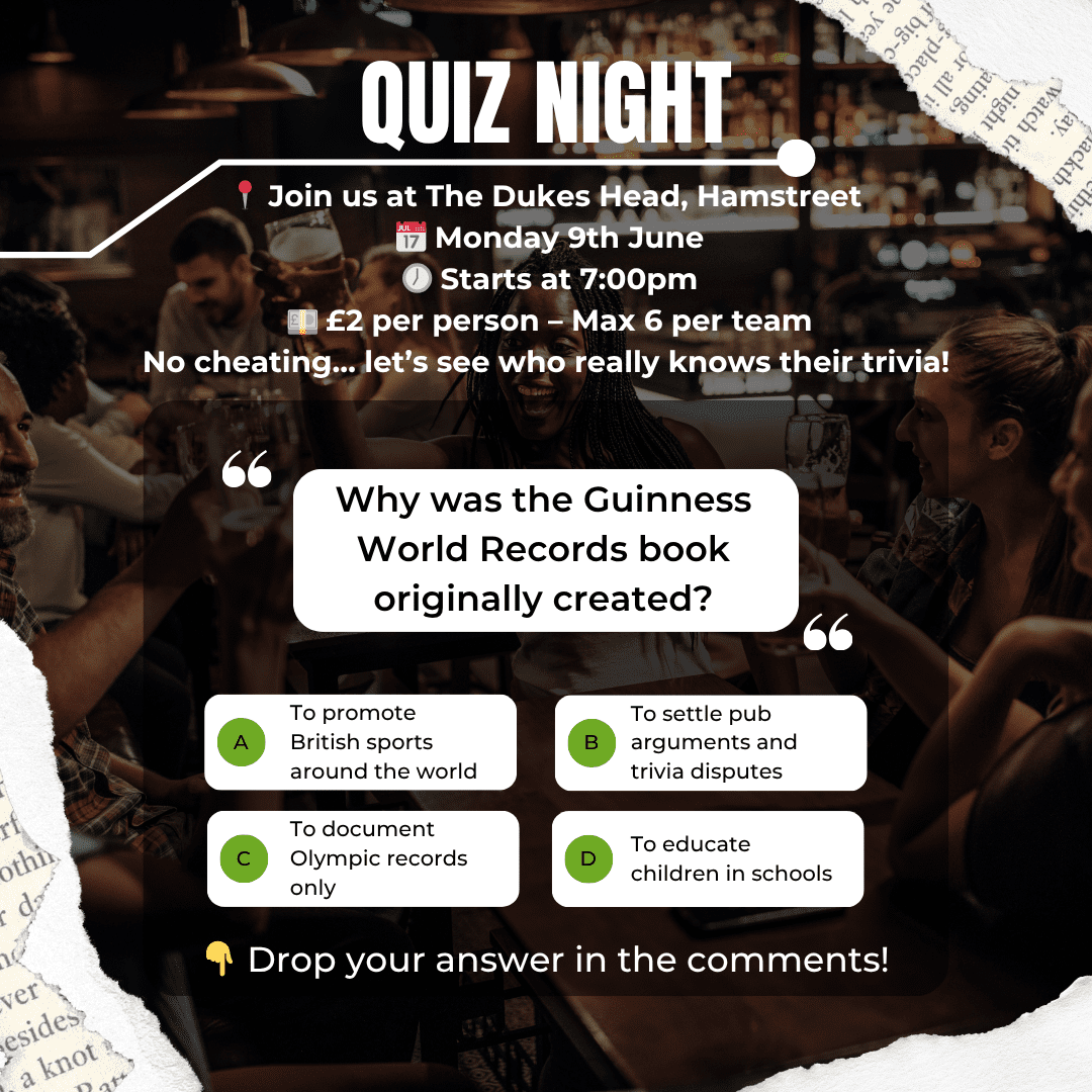 Quiz night promotional poster for next event at the Dukes Head Pub.